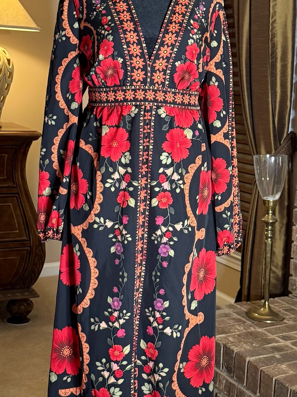 Romantic Black Red Floral Print Long Sleeve Midi Dress XL